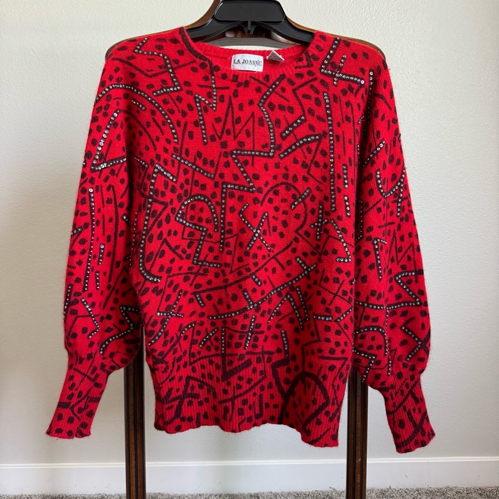 Vintage La Joanie Red Angora Wool Batwing Sweater | Studded Abstract Knit